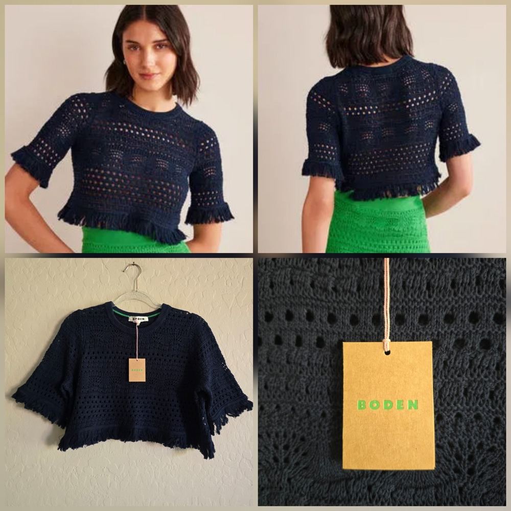 Boden Cropped Fringe Crochet T-Shirt Blouse Size Large Navy blue New